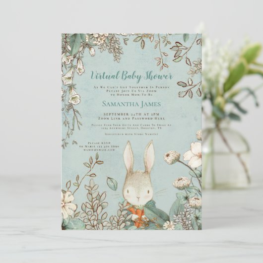 Cute Bunny Botanical Virtual Baby shower Kaart (Staand voorkant)