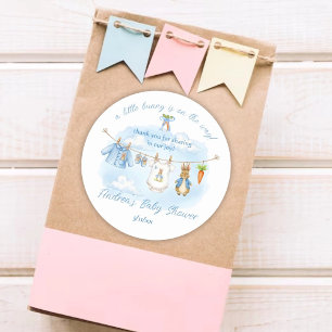Cute Bunny Boy Clothesline Baby Shower Bedankt Ronde Sticker