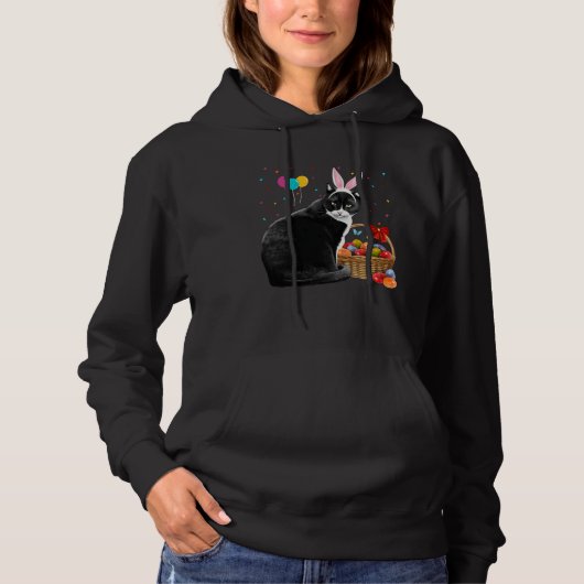 Cute Bunny Cat With Easter Egg Basket Happy Easter Hoodie (Voorkant)