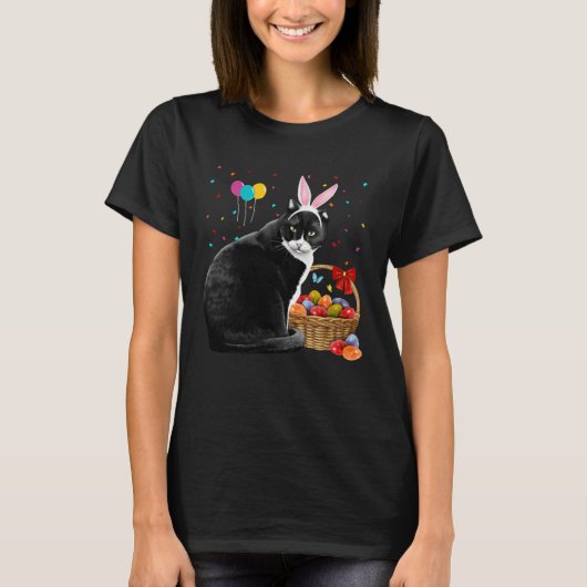 Cute Bunny Cat With Easter Egg Basket Happy Easter T-shirt (Voorkant)
