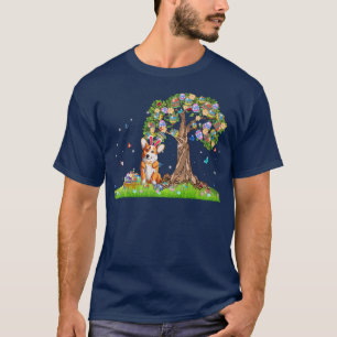 Cute Bunny Corgi Dog met paasboom Happy E T-shirt