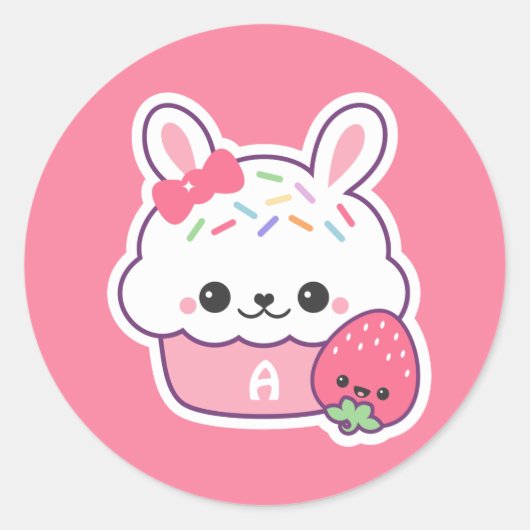 Cute Bunny Cupcake Monogram Ronde Sticker (Voorkant)
