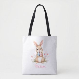 Cute bunny, custom name Easter egg hunt tote bag. Draagtas