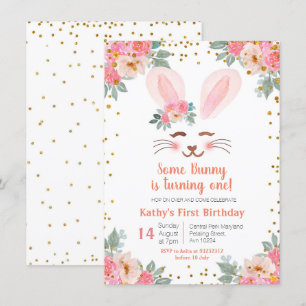 Cute Bunny eerste verjaardagsuitnodiging, floral Kaart