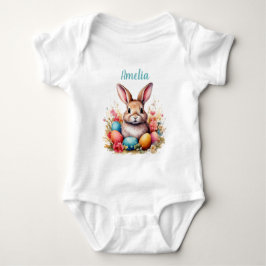Cute Bunny Eggs Flowers Happy Easter Name Romper