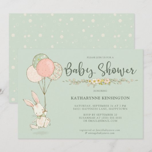 Cute  Bunny Floral Baby shower Kaart (Voorkant / Achterkant)