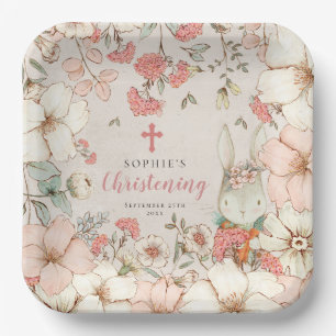 Cute Bunny Floral Foliage Girl Christening Papieren Bordje