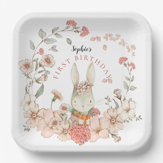 Cute Bunny Florals Girl 1ste verjaardag Papieren Bordje (Voorkant)
