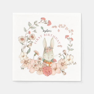 Cute Bunny Florals Girl First Birthday Servet