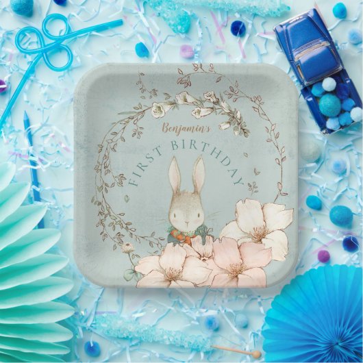  Cute Bunny Foliage Boy 1st Birthday Papieren Bordje (Feest)