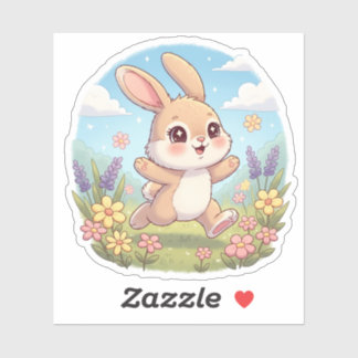 Cute Bunny Hopping in a Flower Field Sticker