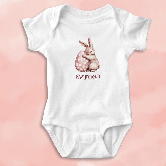 Cute Bunny Hugging Polka Dot Egg Monogram Romper