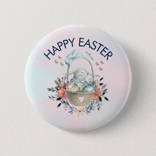 Cute Bunny in mandje en Florals Happy Pasen Ronde Button 5,7 Cm