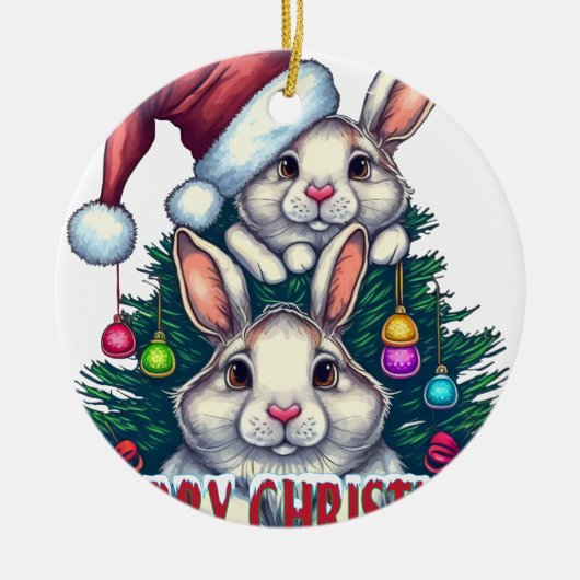 Cute Bunny Merry Christmas – Holiday Rabbit Keramisch Ornament (Voorkant)