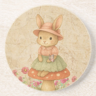Cute Bunny on Mushroom | Pastel Coaster Zandsteen Onderzetter