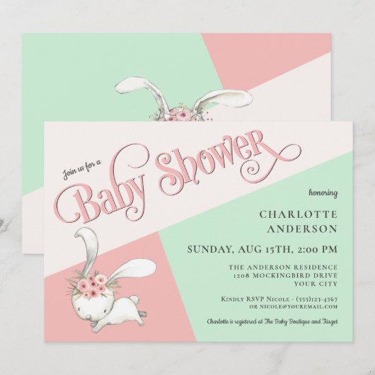 Cute Bunny Pastel Girl Baby shower Invitation (Devant / Derrière)