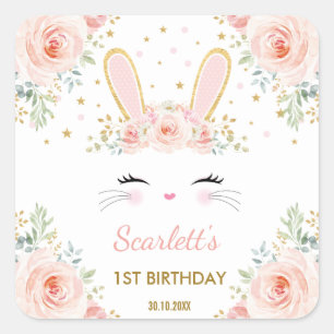 Cute Bunny Pink Blush Gold Floral Roos Birthday Vierkante Sticker