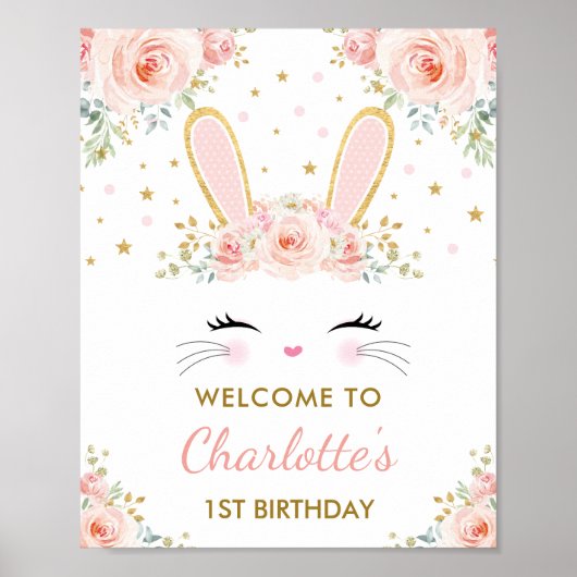 Cute Bunny Pink Gold Floral Easter Rabbit Welkom Poster (Voorkant)