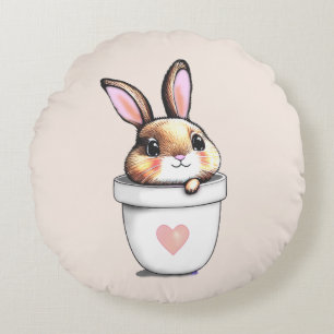 Cute Bunny Plantenpot op Licht Champagnetint Beige Rond Kussen