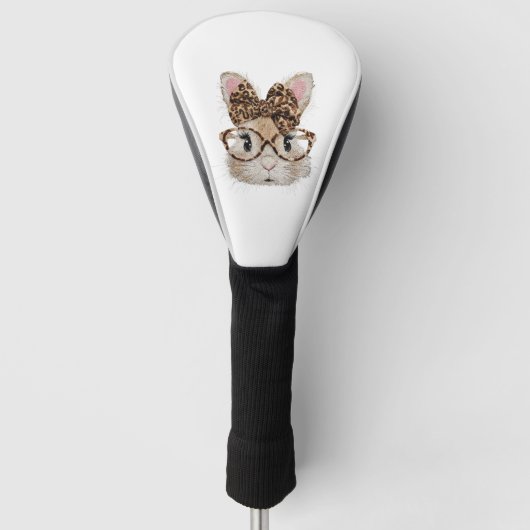 Cute Bunny Rabbit Face Leopard Coquette Bow Glasse Golfheadcover (Voorkant)
