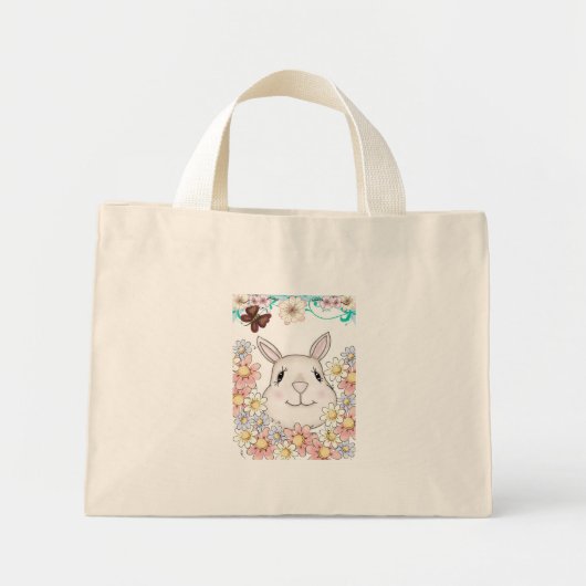 Cute Bunny Rabbit Flowers & Butterflies Mini Tote Bag (Voorkant)