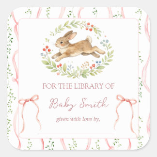 Cute Bunny Rabbit Girl Floral Pink Bow Book Plate Vierkante Sticker