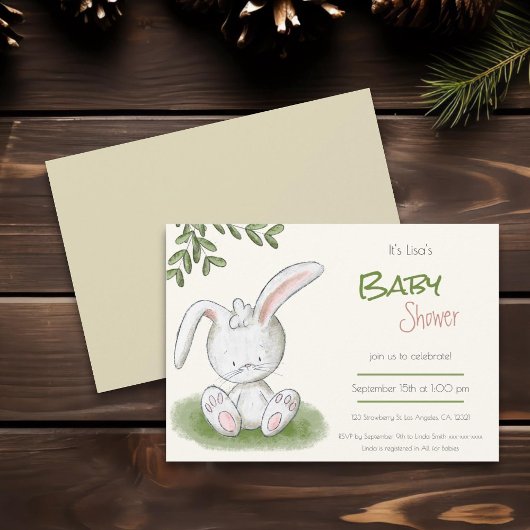 Cute Bunny Rabbit Greenery Neutral Baby shower Kaart