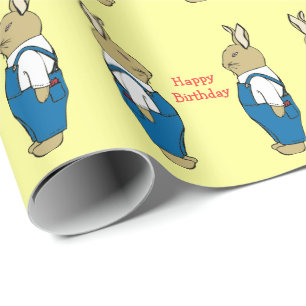 Cute Bunny Rabbit in Overalls Kinder Happy Birthda Cadeaupapier