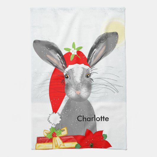Cute Bunny Rabbit Kerstfeestay Theme Theedoek (Verticaal)