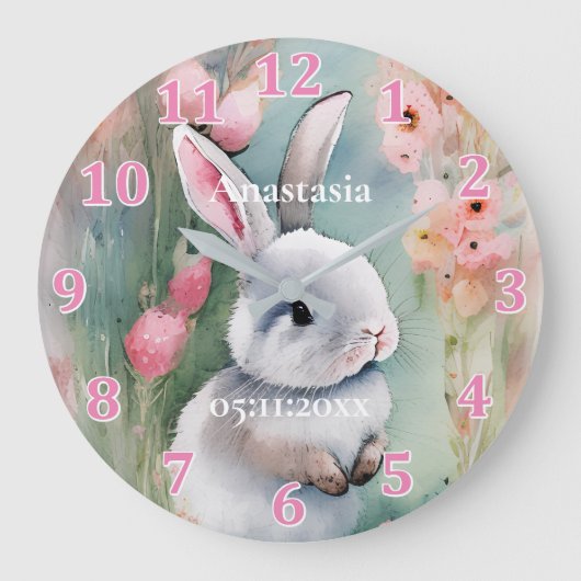 Cute Bunny Rabbit Pastel Waterverf Spring Flowers Grote Klok (Voorkant)