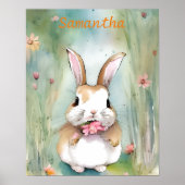 Cute Bunny Rabbit Pastel Waterverf Spring Flowers Poster (Voorkant)