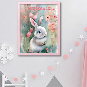 Cute Bunny Rabbit Pastel Waterverf Spring Flowers Poster