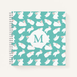 Cute Bunny Rabbit Pattern op Blauwgroen Monogram Notitieboek