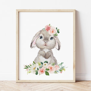 Cute Bunny, Rabbit, Pink Flowers, Girl Nursery Foto Afdruk