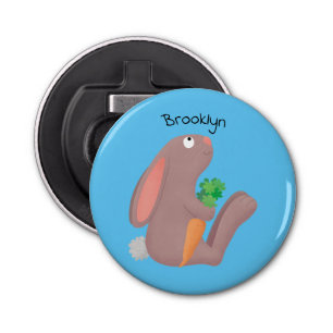 Cute bunny rabbit, zittend met wortelcartoon button flesopener