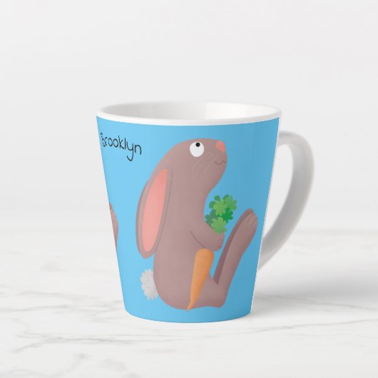 Cute bunny rabbit, zittend met wortelcartoon latte mok (Rechterhoek)