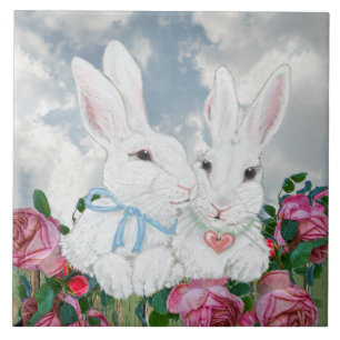 Cute Bunny Rabbits & Roze Roses Romantic Fun Tegeltje