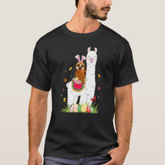Cute Bunny Sloth Riding Llama Eggs Basket Happy Ea T-shirt