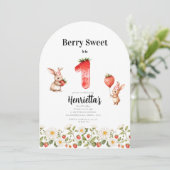 Cute Bunny Strawberry Theme First Birthday Kaart (Staand voorkant)