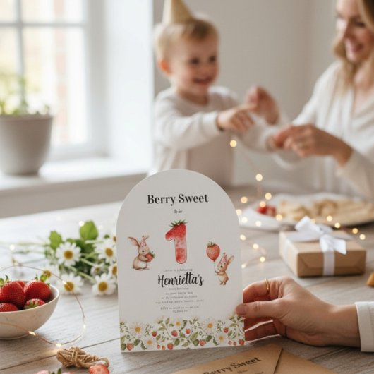 Cute Bunny Strawberry Theme First Birthday Kaart