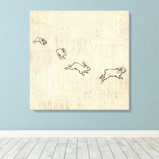 Cute  Bunny Thorming Jumping Rabbits Art Canvas Afdruk (Insitu (Houten vloer))