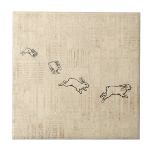 Cute Bunny Thorming Jumping Rabbits Art Tegeltje