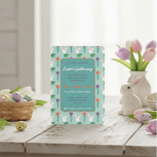 Cute Bunny & Tulip Easter Gathering Invitation  Kaart