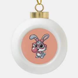 Cute Bunny with Glasses Blowing Bubble Gum Keramische Bal Ornament