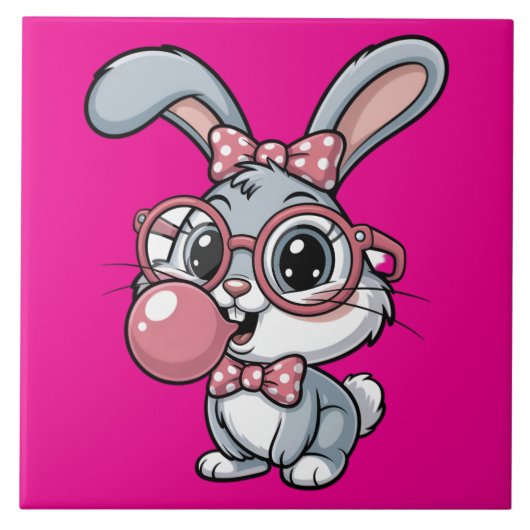 Cute Bunny with Glasses Blowing Bubble Gum Tegeltje (Voorkant)