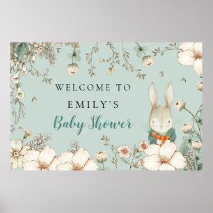 Cute Bunny Woodland Boy Welcome Baby shower Sign Poster