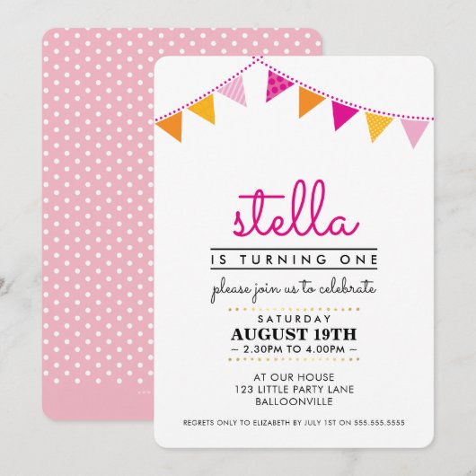 CUTE BUNTING 1ER anniversaire INVITATION rose oran (Devant / Derrière)