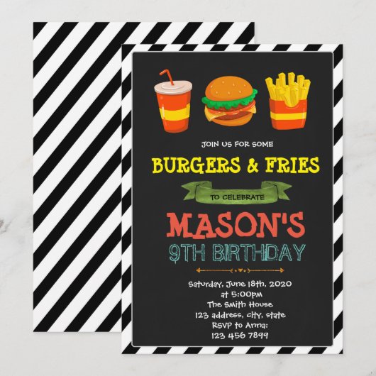 Cute burger et frites invitation au thème (Devant / Derrière)