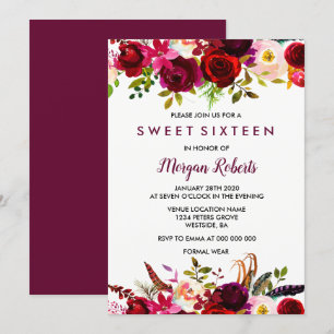 Cute Burgundy Red Floral Sweet 16 Party Invite Kaart