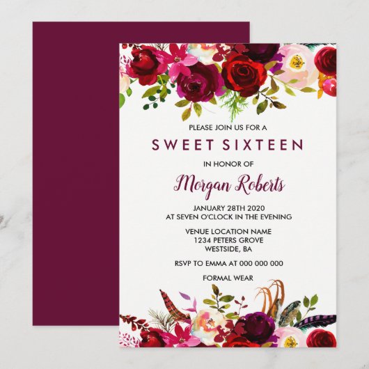 Cute Burgundy Rouge Floral Sweet 16 Invitation de  (Devant / Derrière)